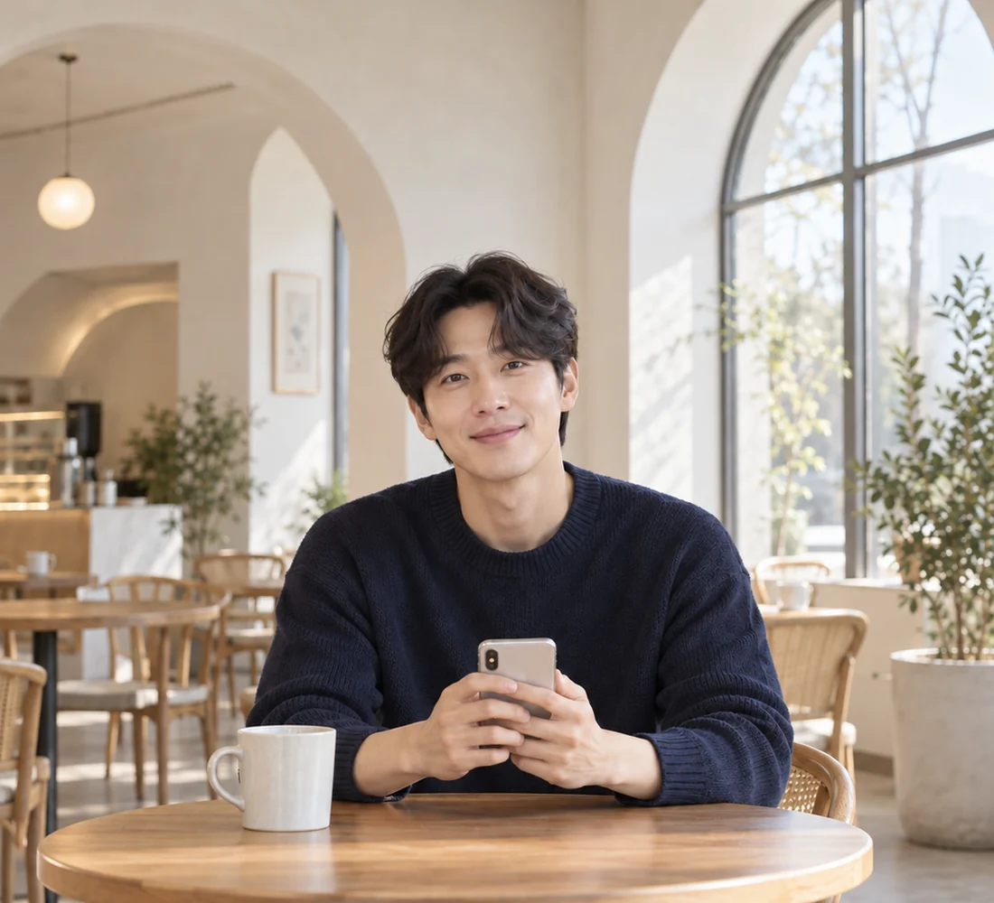 휴대전화로 편하게 상담하는 밝은 모습의 고객